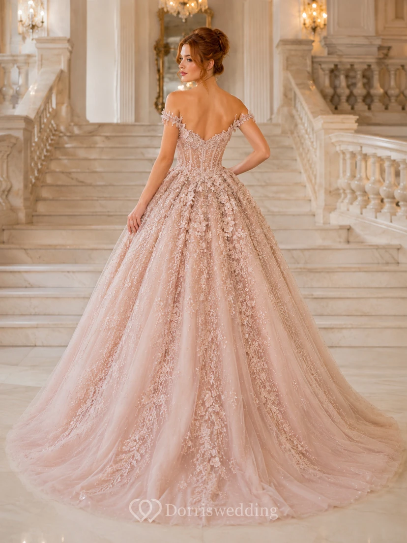 Robe de bal en dentelle délicate, tulle, décolleté cœur, manches courtes, traîne cathédrale, sequins, robe de mariée de salle de bal view 2