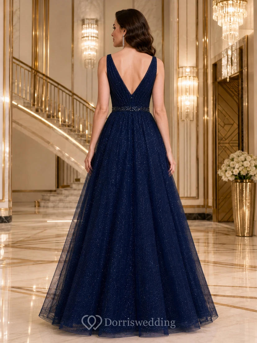 Dark Navy V-Neck Tulle A-Line Floor Length Formal Dress view 2