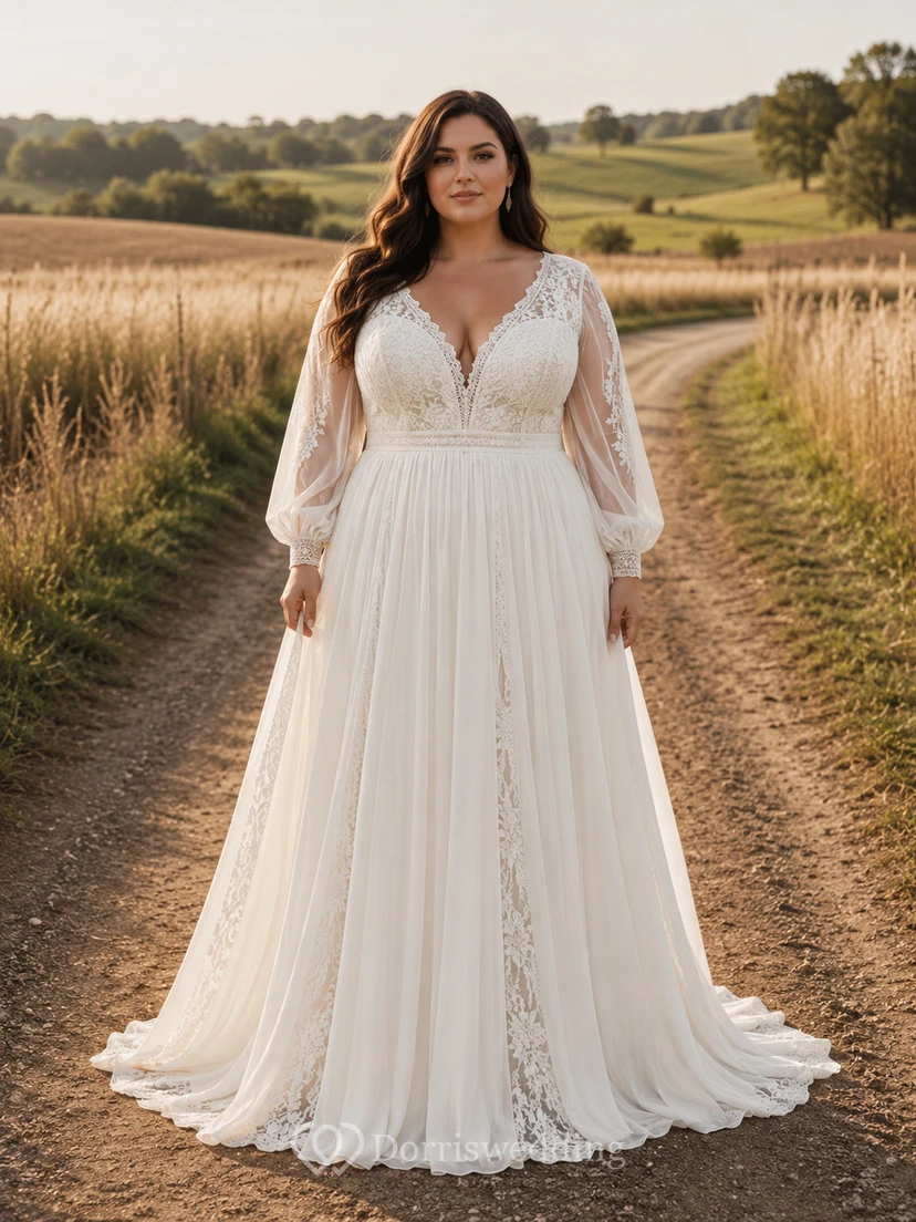 Vestido de novia campestre de gasa y encaje, corte en A, escote en V, manga larga, cola larga, espalda baja en V.