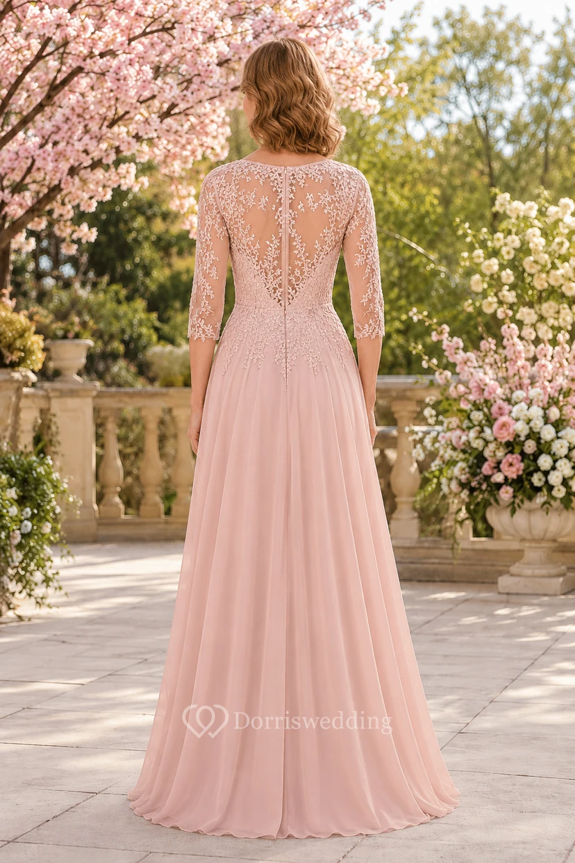 Mutterkleid aus Chiffon mit A-Linie, rosafarbenem Spitzenoberteil und langen Ärmeln view 2