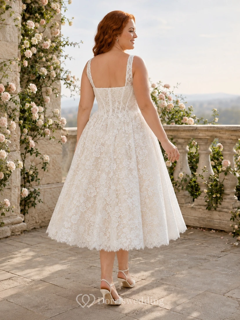 Plus-Size Teelänge, eckiger Ausschnitt, Korsett-Oberteil, Spitze, A-Linie, Vintage, romantisches Brautkleid view 2