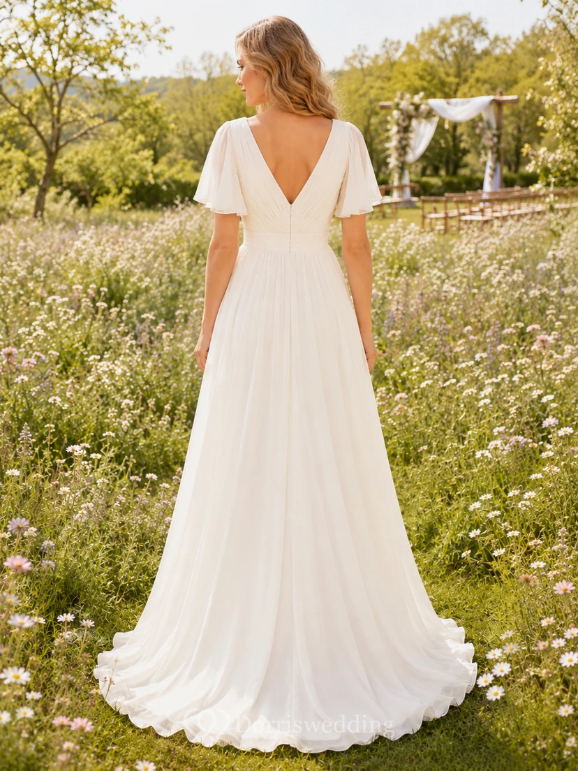 Flutter Sleeve Chiffon Meadow Ceremony A-Line Bridal Gown view 2