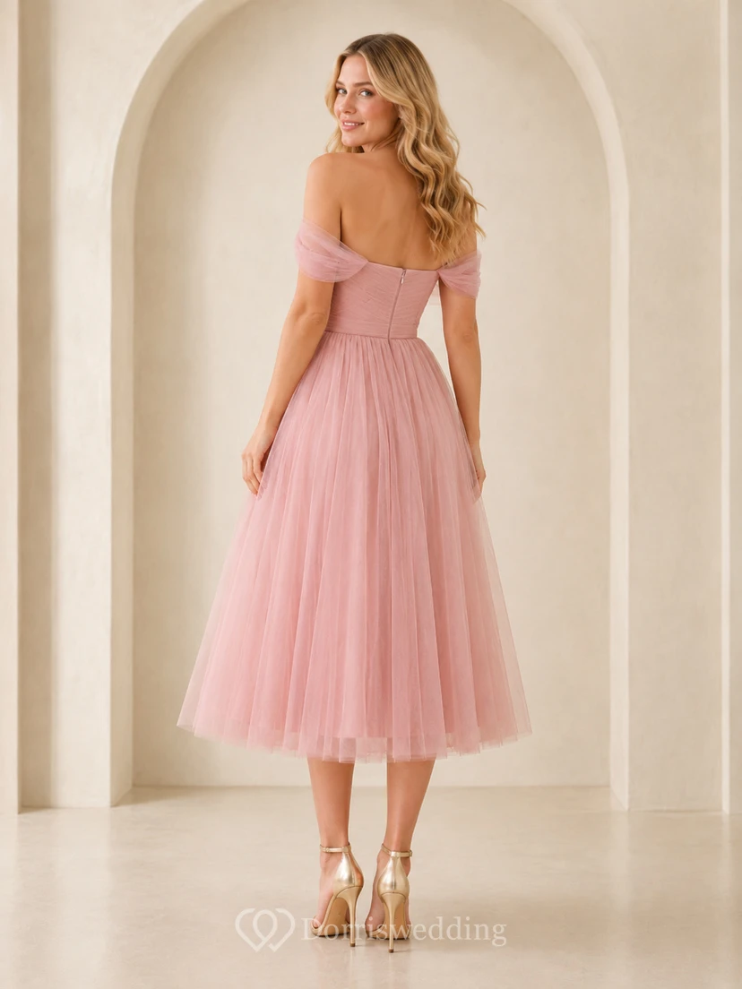 Petal Waltz Blush A-Line Tea-Length Off-Shoulder Short-Sleeve Tulle Romantic Cocktail Dress view 2
