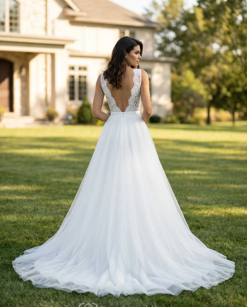 Robe trapèze en dentelle et tulle à col en V festonné view 2