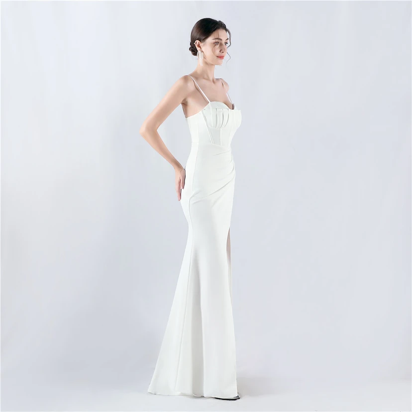 Fishbone Waist Strap Satin Host Meeting Evening Dress view 4