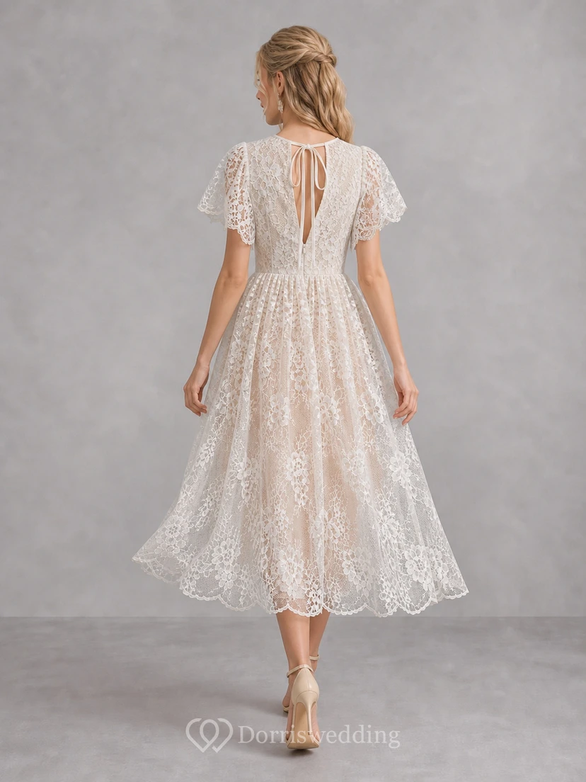 Vintage Teelänge A-Linie Spitzenkleid mit flatternden Ärmeln für standesamtliche Hochzeiten view 2