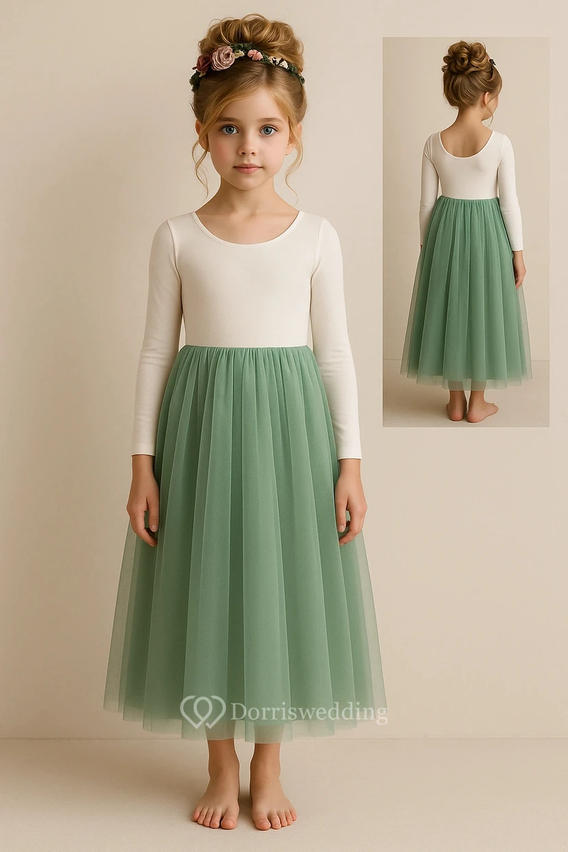 Scoop-neck Long Sleeve Two-Tone Green Flowergirl Dress
