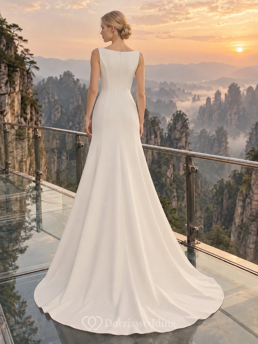 Vestido de novia sencillo y modesto, sin mangas, con escote barco y costuras princesa. view 2