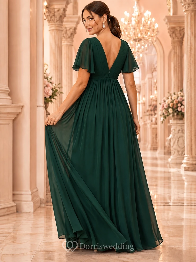 Maternity Dark Green Short Sleeve Chiffon Empire Floor-Length Evening Gown view 2