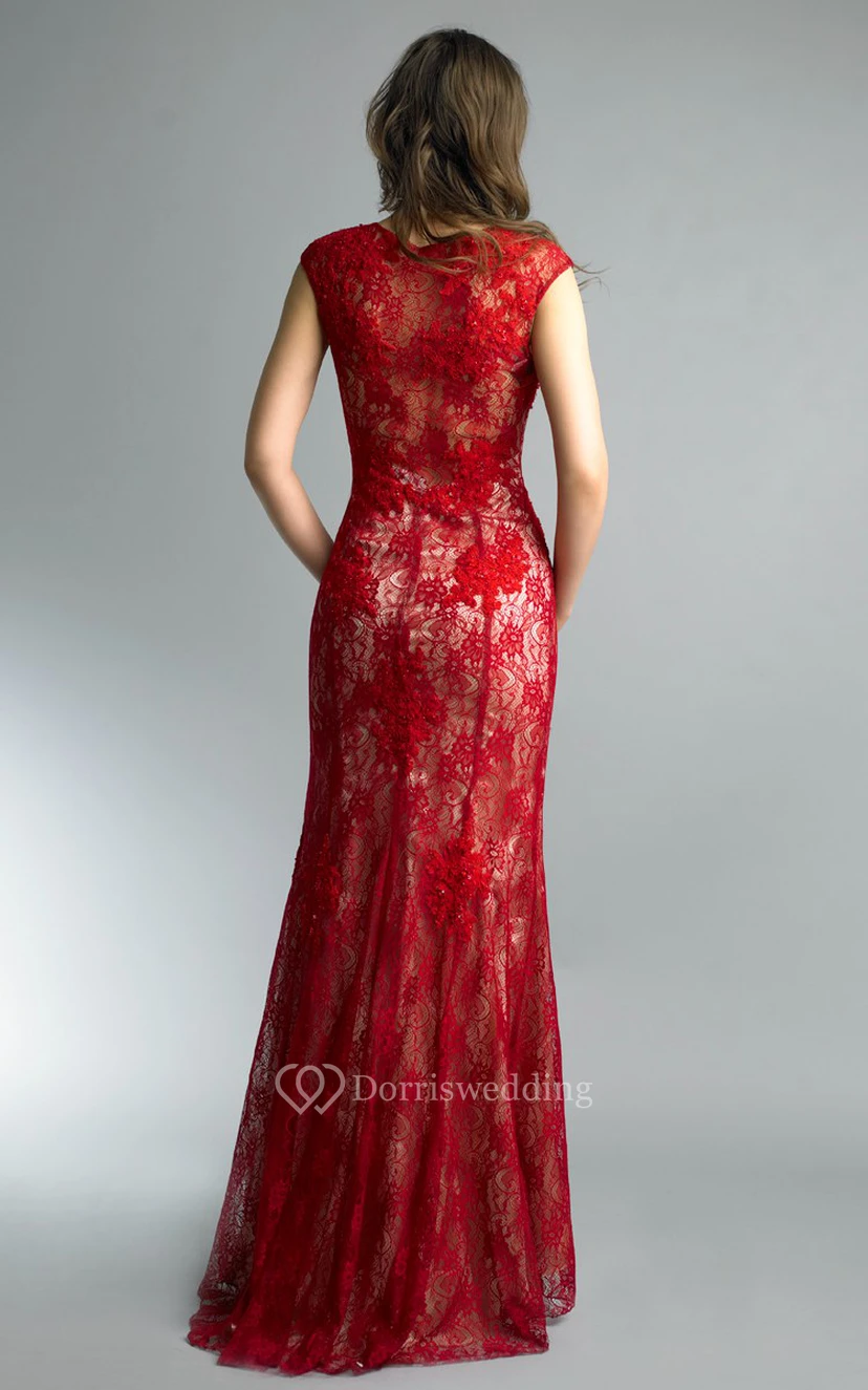 Meerjungfrauen-Kleid mit bodenlangem, juwelenbesetztem, kurzärmeligem Spitzen-Illusionskleid view 2
