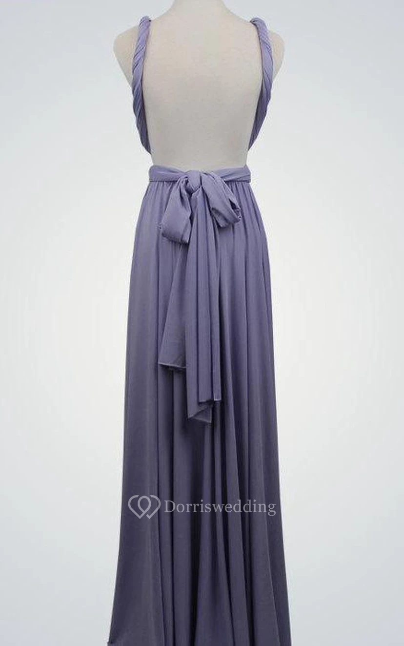 Backless Straped V Neck A-line Jersey Long Dress With Sash view 2