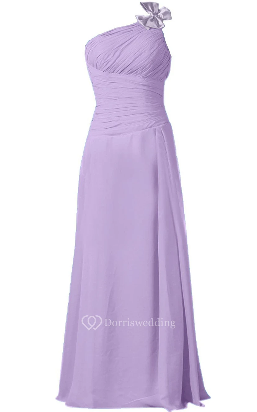 One-shoulder Ruched Chiffon A-line Gown With Bow view 8
