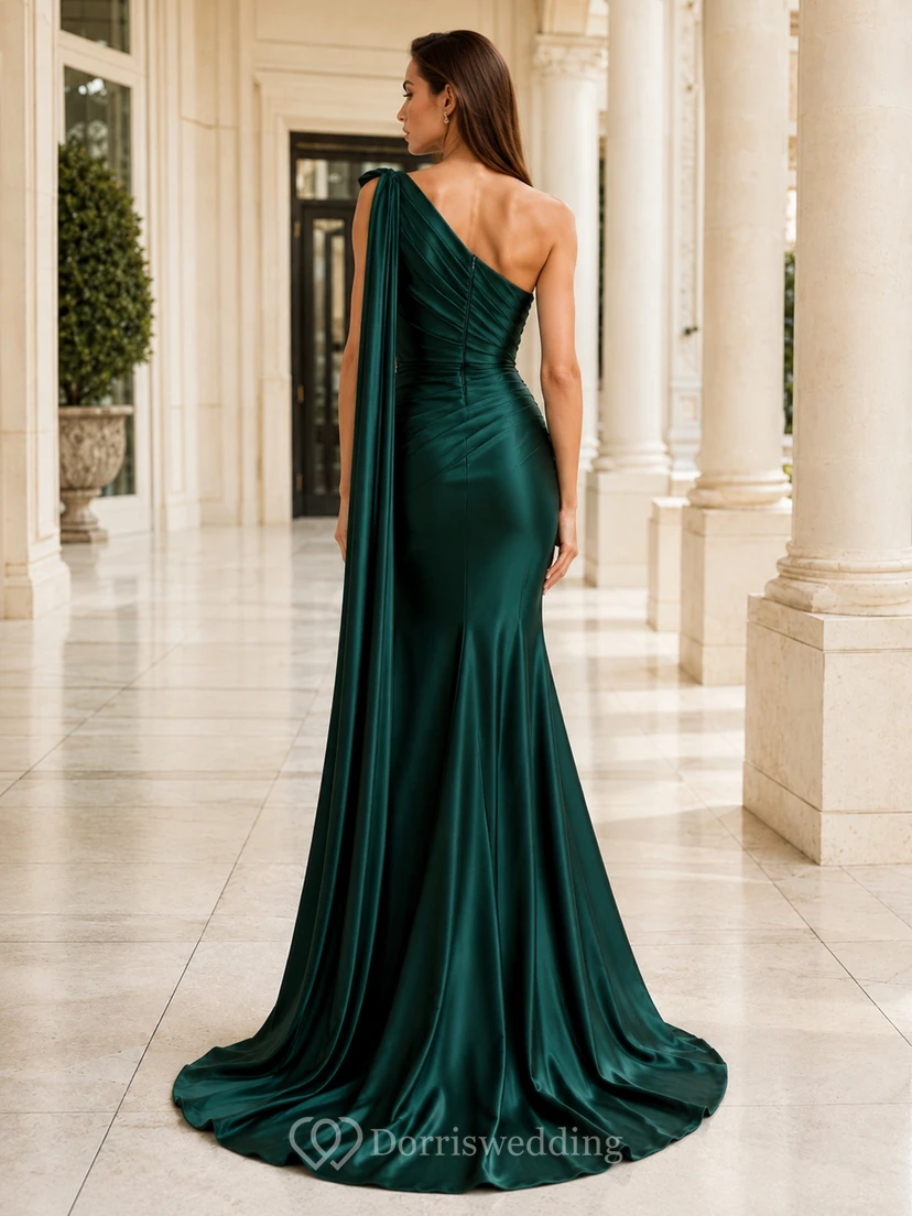 Emerald One Shoulder Satin Cape High Slit Evening Dress view 2