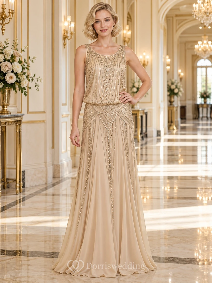 Vintage Champagnerfarbenes, langes Brautjungfernkleid in A-Linie mit Rundhalsausschnitt, ärmellos, mit Perlen besetzt, Blouson-Detail und tiefer Taille