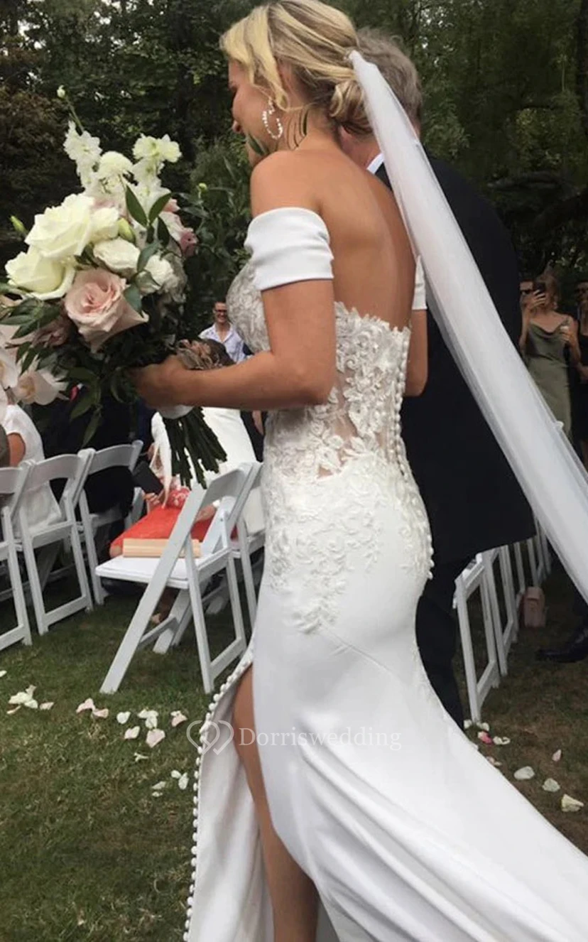 Off-the-shoulder Sheath Front Split Applique Beach Wedding Dress with Sweep Train view 2
