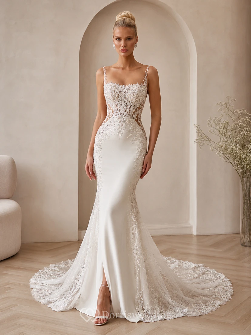 Robe de mariée sirène en satin et dentelle lumineuse, col carré, sans manches, traîne chapelle, godets, style pavillon.