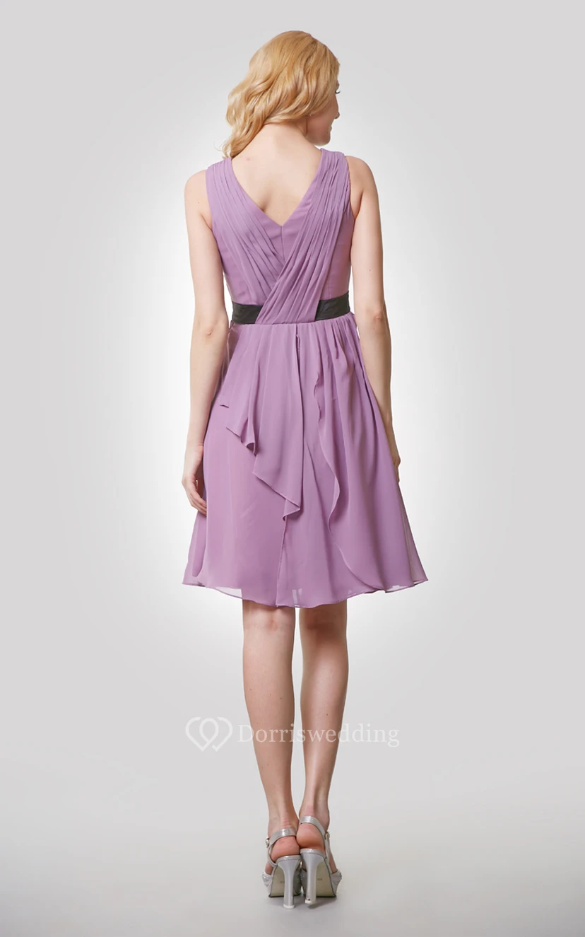 V-Neck Sleeveless Knee Length Chiffon Dress With Pleats and Draping view 2