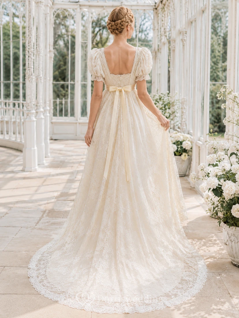 Antique Romantic Square Neck Puff Sleeve Lace Empire A-Line Court Train Wedding Dress view 2
