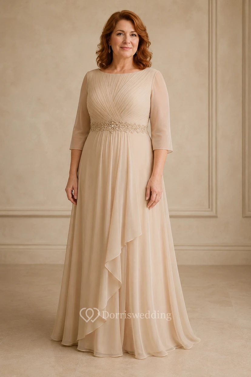 Champagnerfarbenes Chiffon-Kleid in A-Linie mit Ärmeln in Übergröße