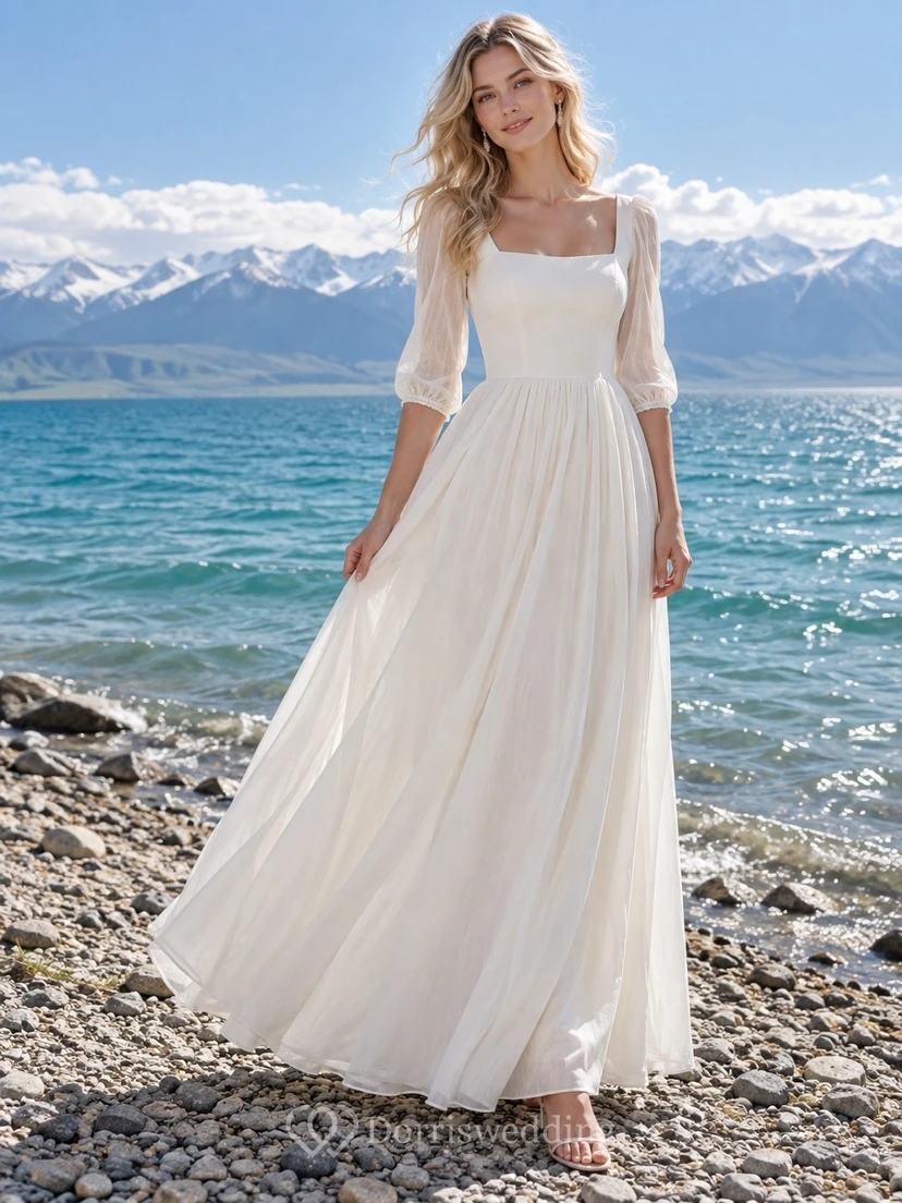 Schlichtes Brautkleid in A-Linie mit eckigem Ausschnitt, Dreiviertelärmeln und Raffungen