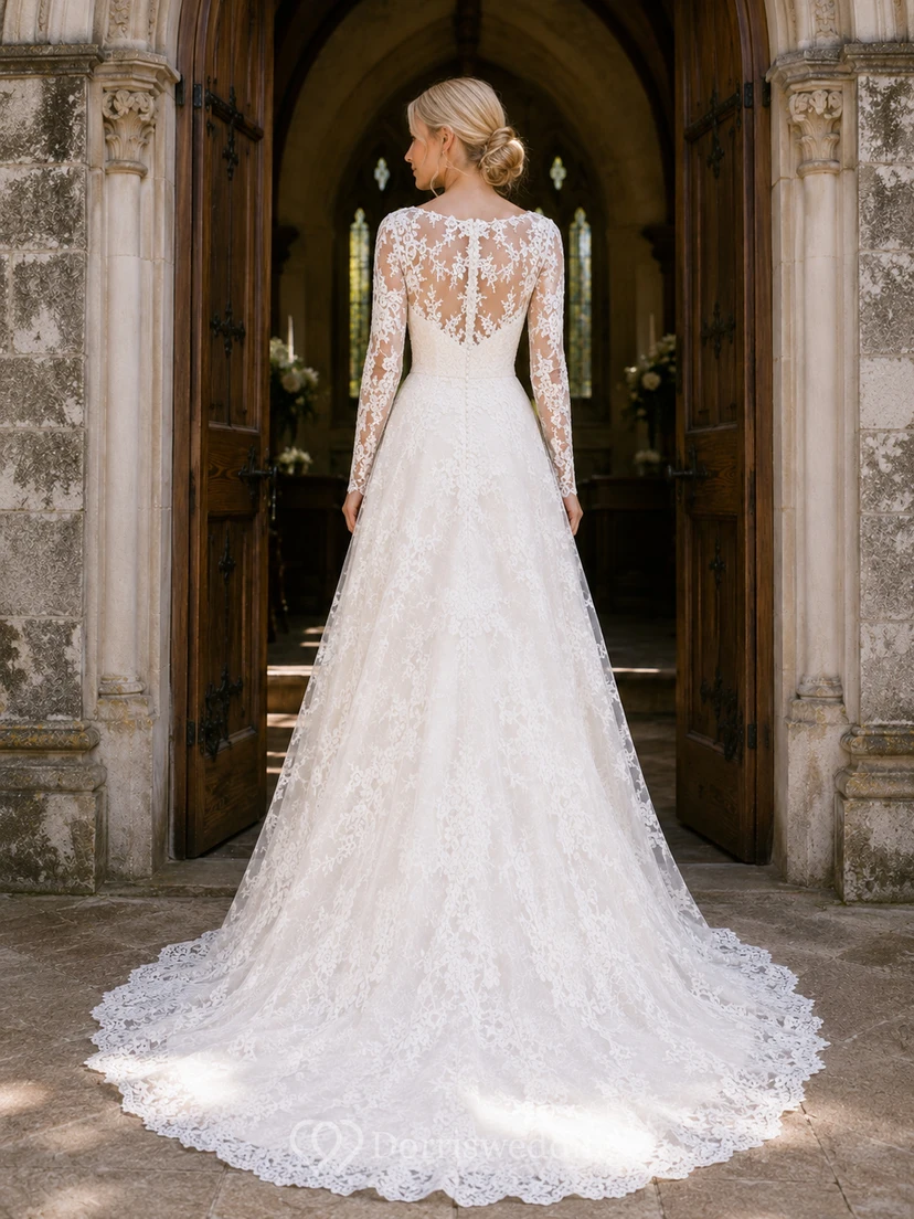 Classic Illusion Lace Long Sleeve A Line Cathedral Train Wedding Dress view 2
