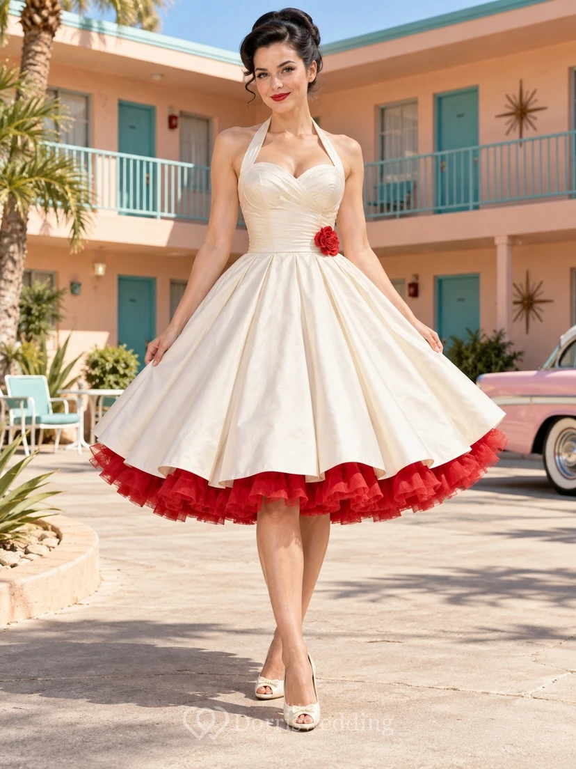 Robe de mariée rockabilly dos nu à jupon rouge à fleurs, style années 1950