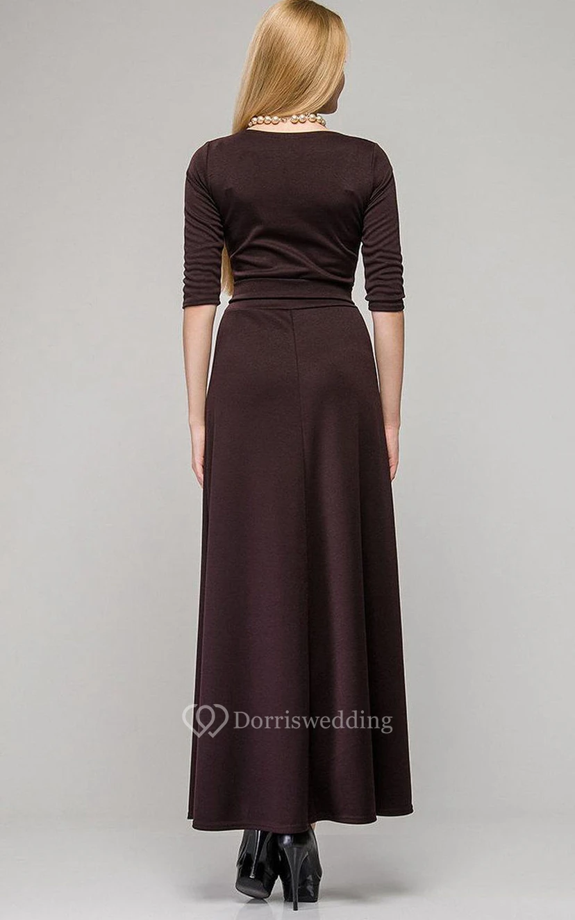 Knöchellanges Jerseykleid mit V-Ausschnitt, halben Ärmeln, A-Linie, Falten und Schärpe view 3