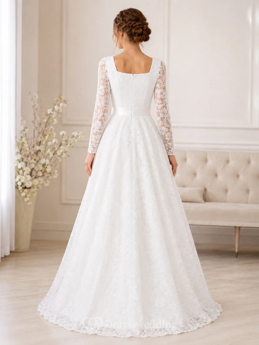 Lace Square Neck Long Sleeve Modest A-Line Wedding Gown Dress view 2