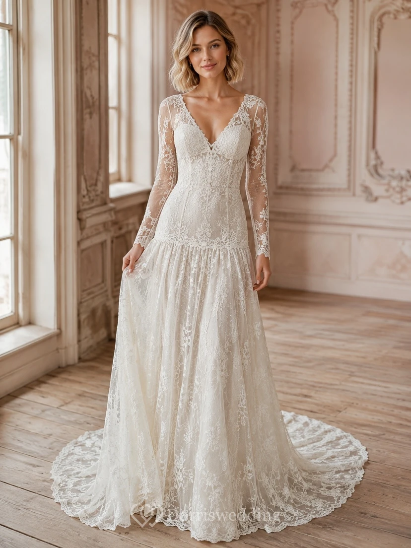 Vestido de novia clásico de encaje con falda acampanada, mangas largas y cola larga