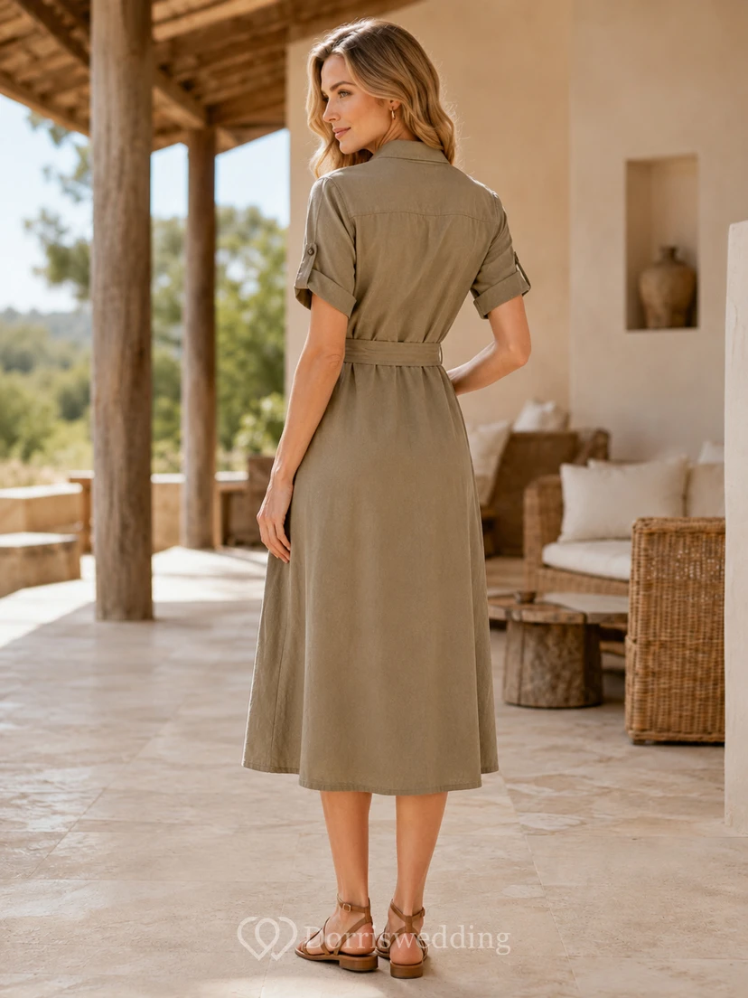 Khaki collared short sleeve tie waist safari shirt dress view 2
