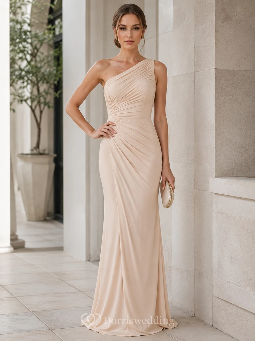 Blush One-Shoulder Draped Ruched Satin Sheath Floor-Length Evening Dress