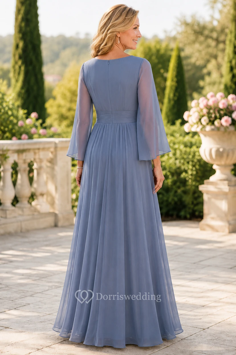 Schieferblaues Chiffon-Kleid in A-Linie mit V-Ausschnitt und Glockenärmeln view 2