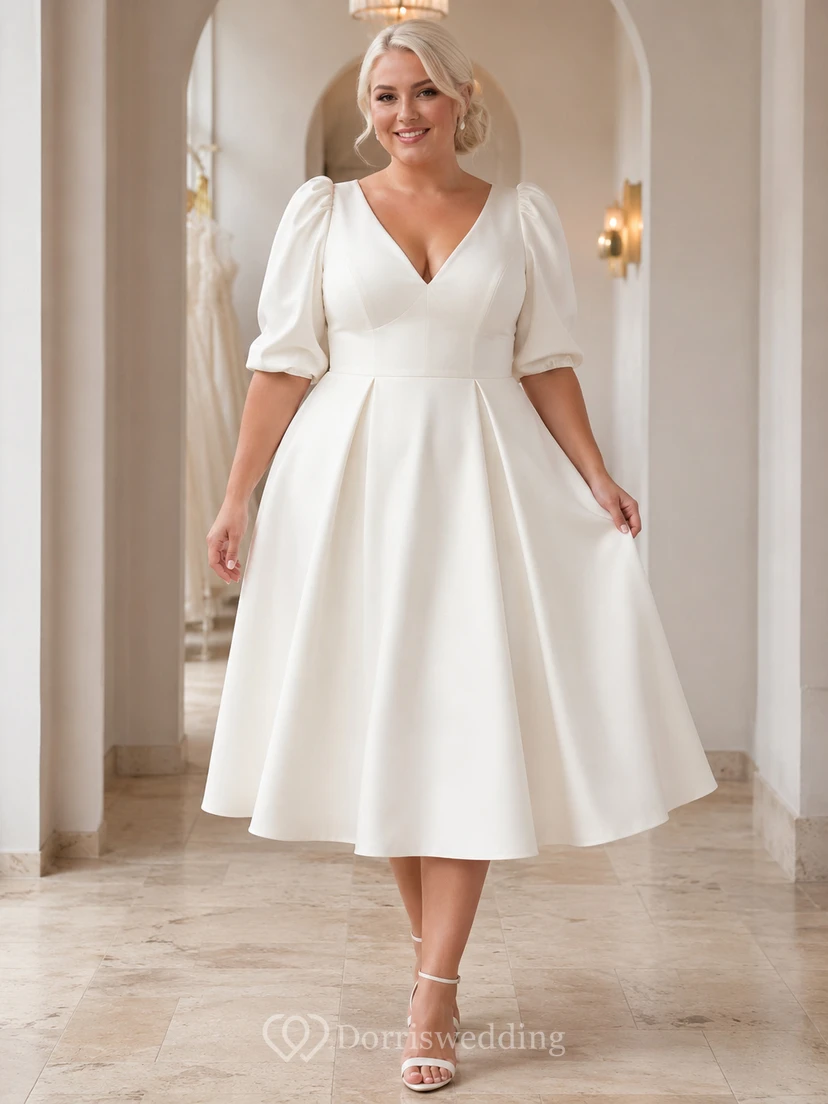 Vestido de novia vintage de satén con escote en V y mangas abullonadas, talla grande, largo hasta la rodilla