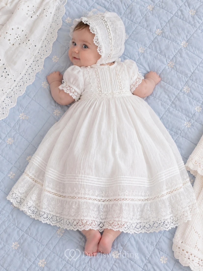 White Puff Sleeve Pintucked Lace Panel Long Baby Baptism Dress view 2