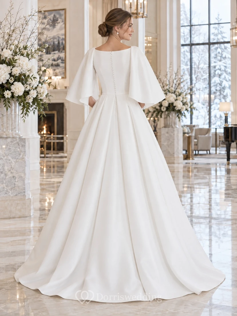 Vestido de novia sencillo y modesto de corte A con escote barco y capa corta de satén plisada. view 2