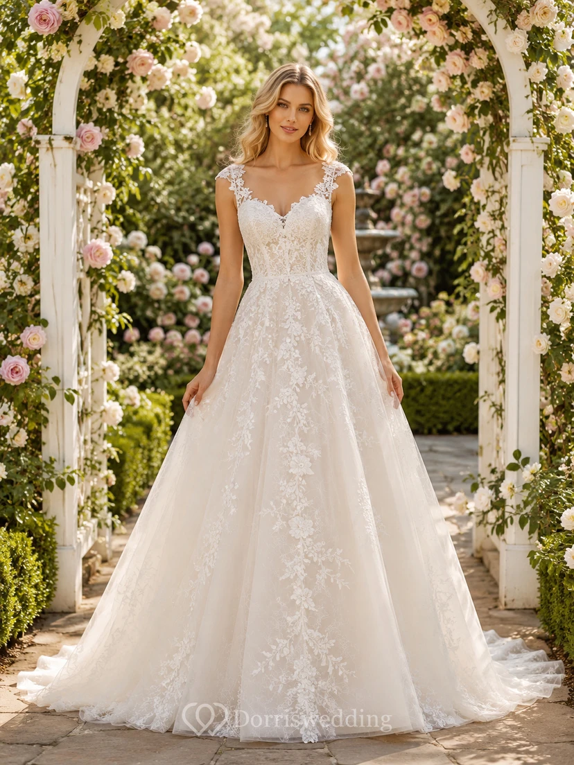 Romantisches A-Linien-Hochzeitskleid aus Spitze mit Spaghettiträgern – romantisches Kleid für eine Gartenhochzeit