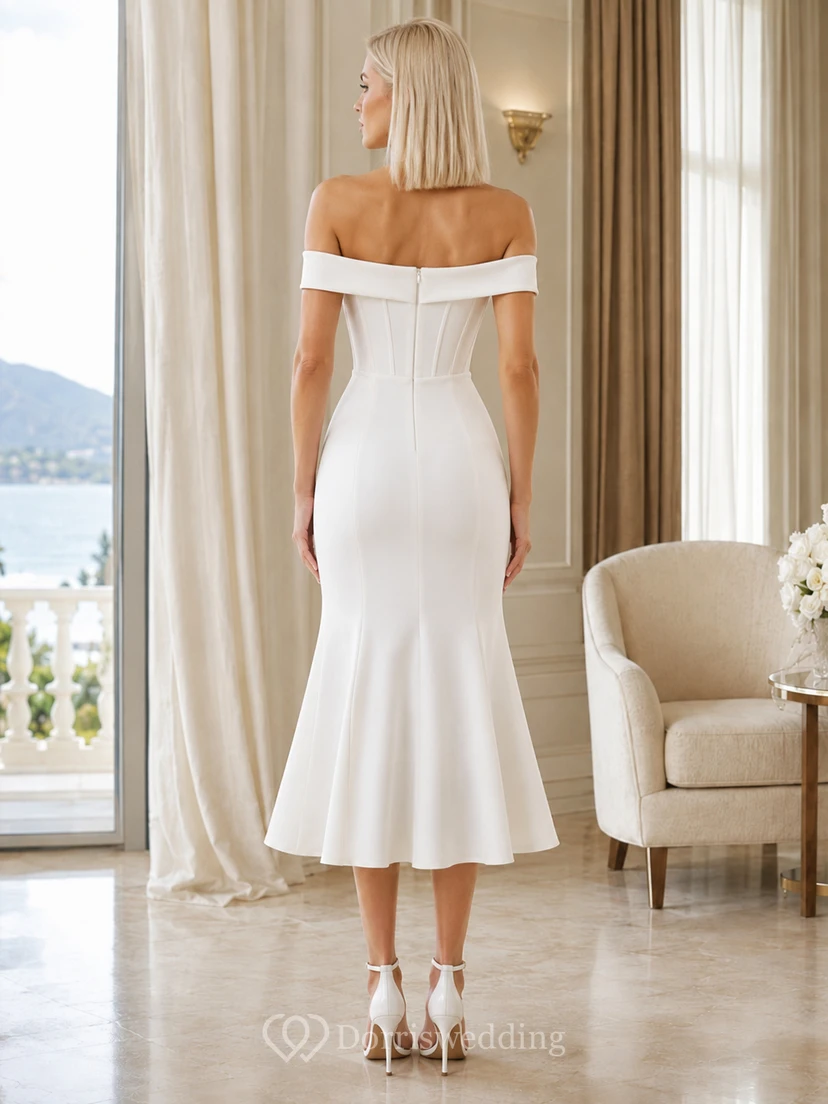 Sculpted Matinee White Mermaid Tea-Length Off-Shoulder Short-Sleeve Stretch-Satin Sexy Cocktail Dress view 2