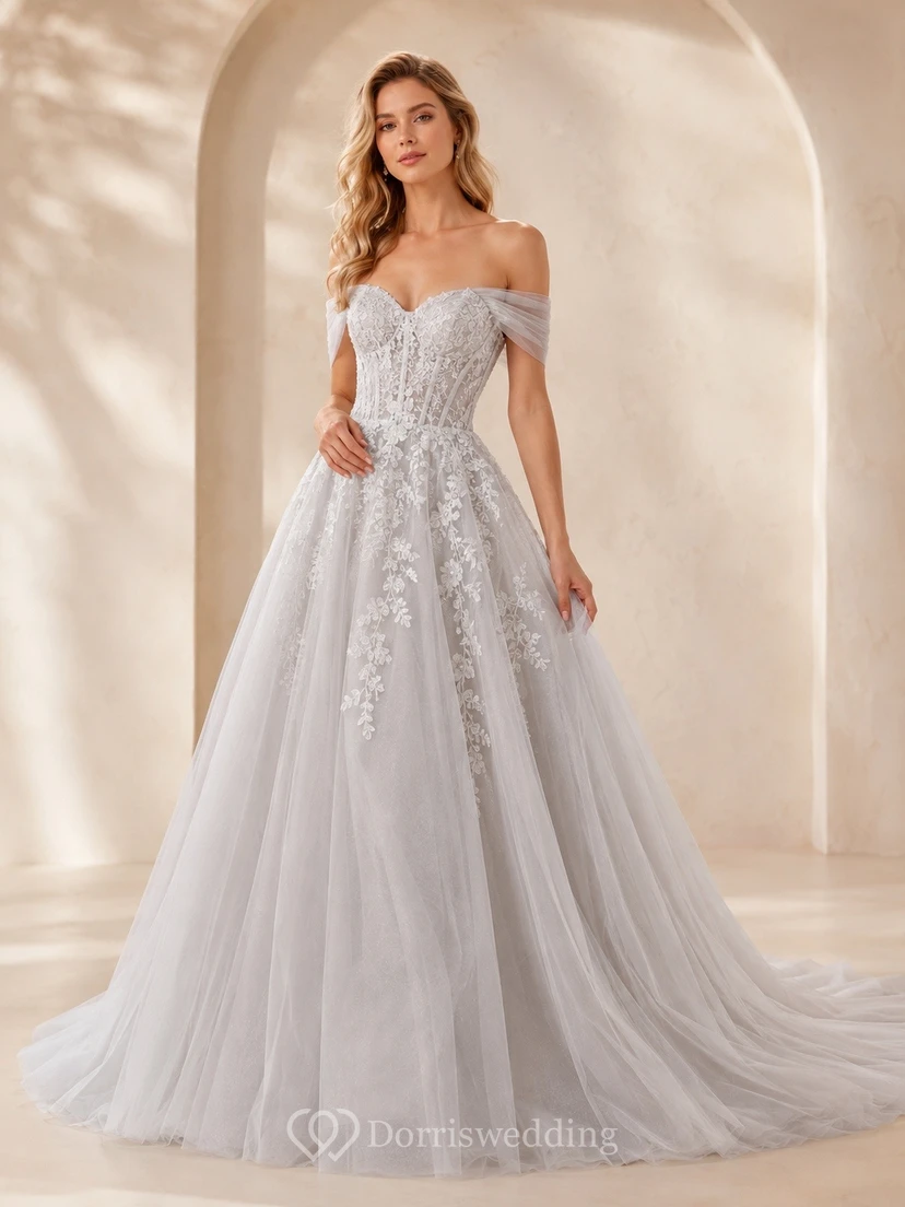 Vestido de novia bohemio romántico elegante con hombros descubiertos, edición B, corte A y encaje.