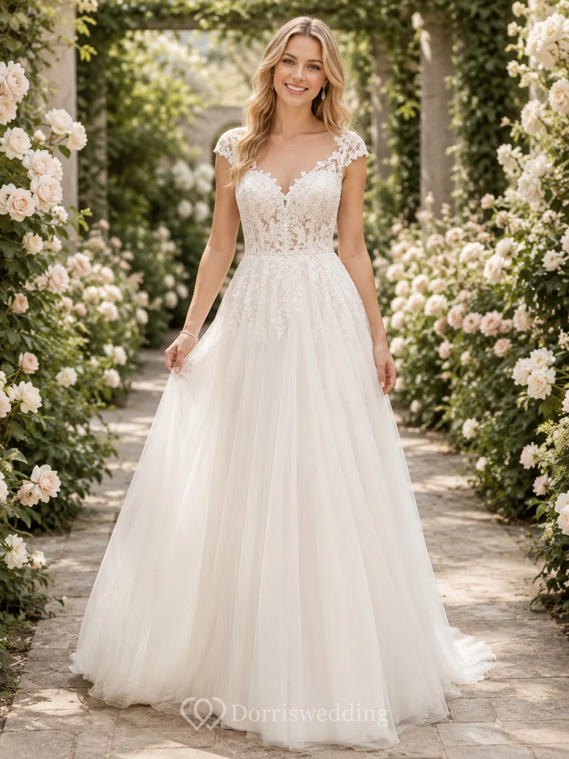 Brautkleid aus Tüll mit Gartenspitze, kurzen Ärmeln und A-Linien-Schnitt
