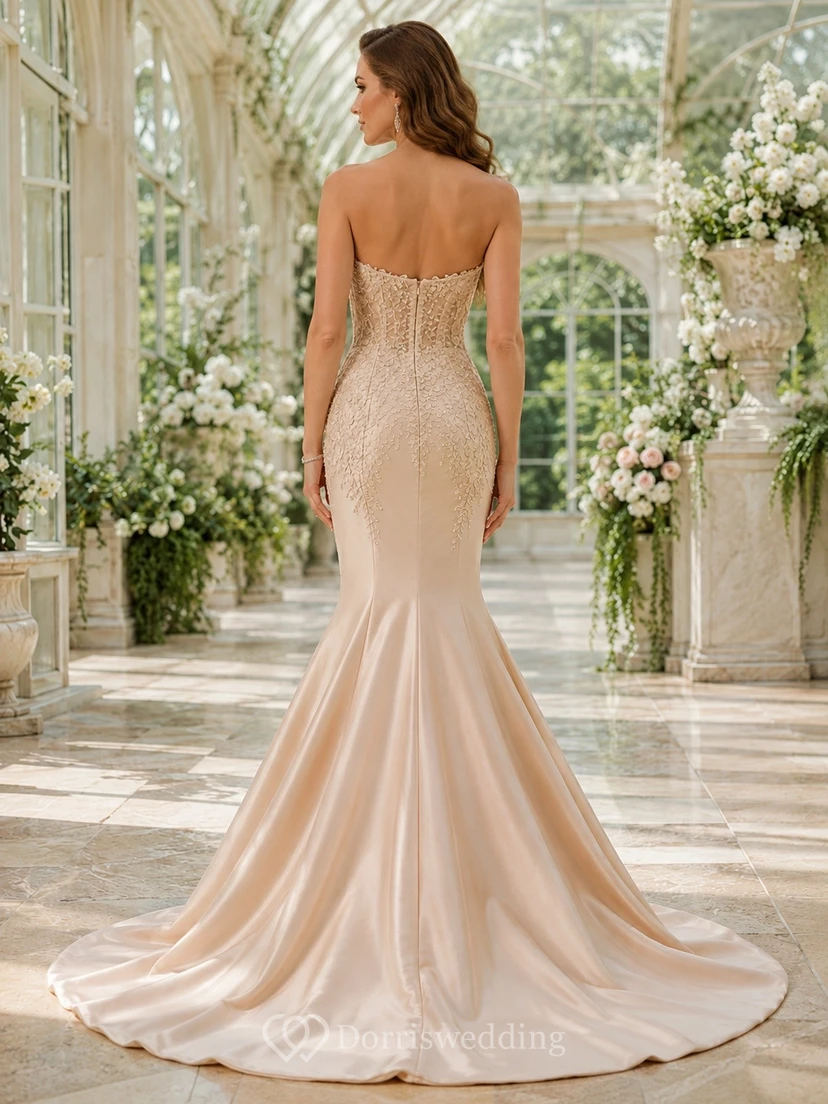 Champagne Sexy V-neck Sleeveless Lace-Tulle Mermaid Sweep-Train Evening Dress view 2