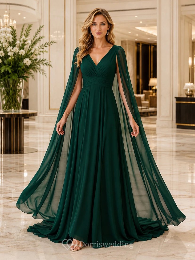 Robe de soirée vert foncé en mousseline à col V et manches cape