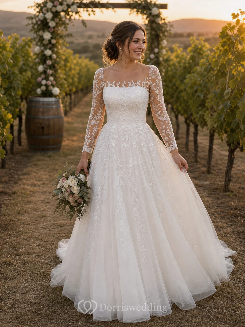 Elegantes Ballkleid mit U-Boot-Ausschnitt, 3/4-Ärmeln, Hofschleppe, Tüll, Applikationen und Illusionseffekten view 10
