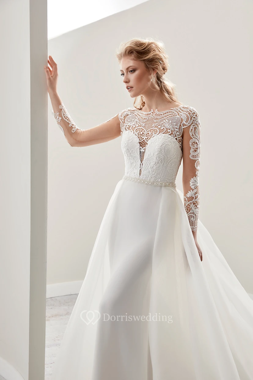 Illusion Long-Sleeve Jewel-Neck Gown With Detachable Train And Pearl Belt view 3