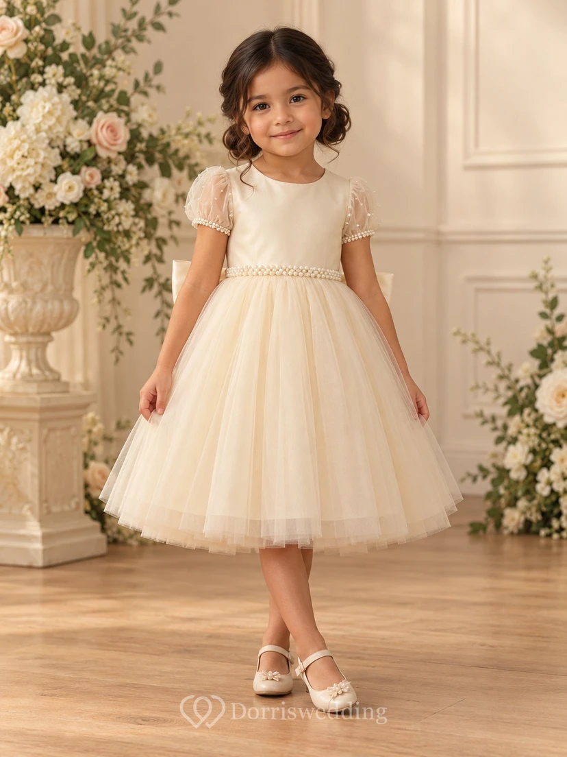 Champagne Pearl Puff Sleeve Bow Knee Tulle Flower Girl Dress