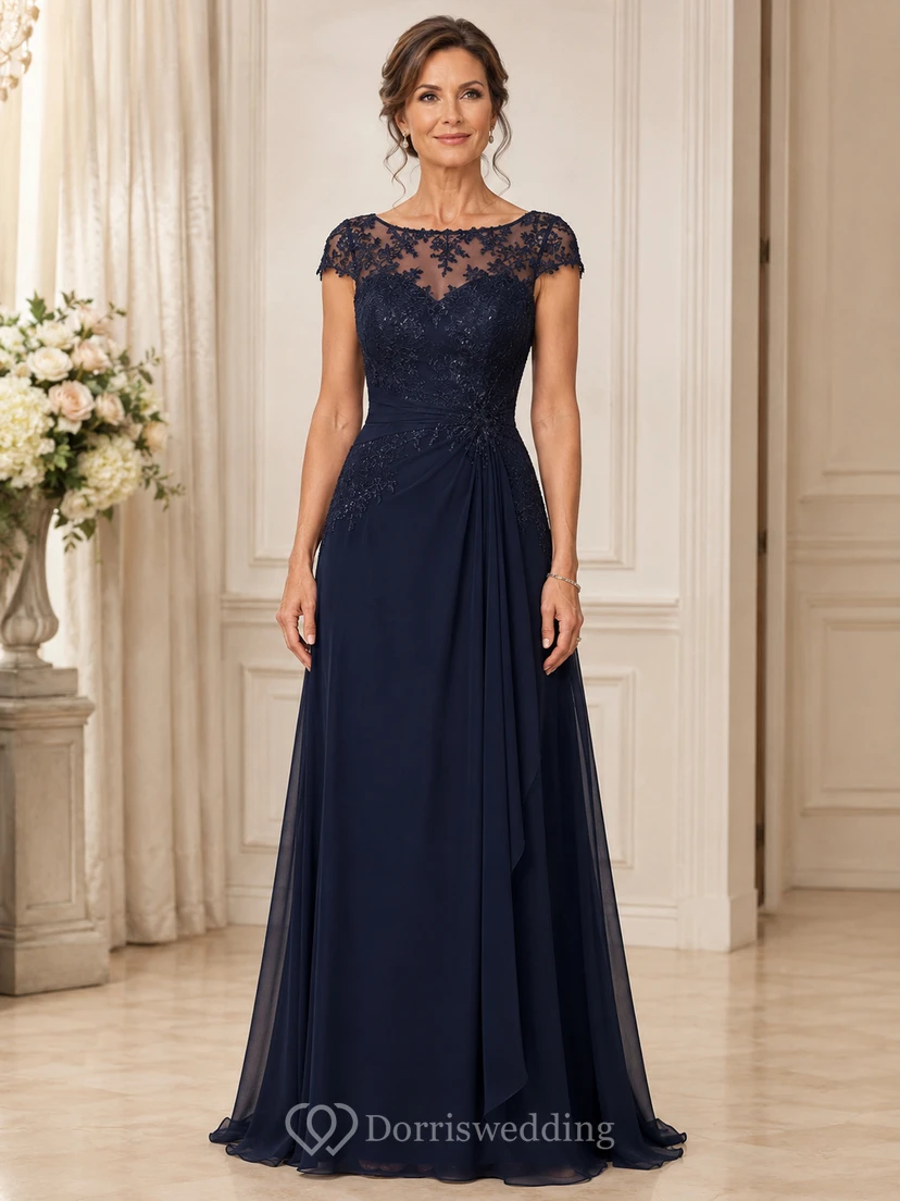Dark Navy Illusion Lace Cap Sleeve Floor-Length Mother Gown