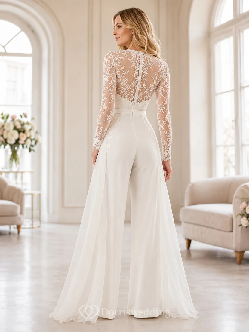 Combinaison de mariée romantique civile en dentelle à manches longues en mousseline à jambes larges view 2