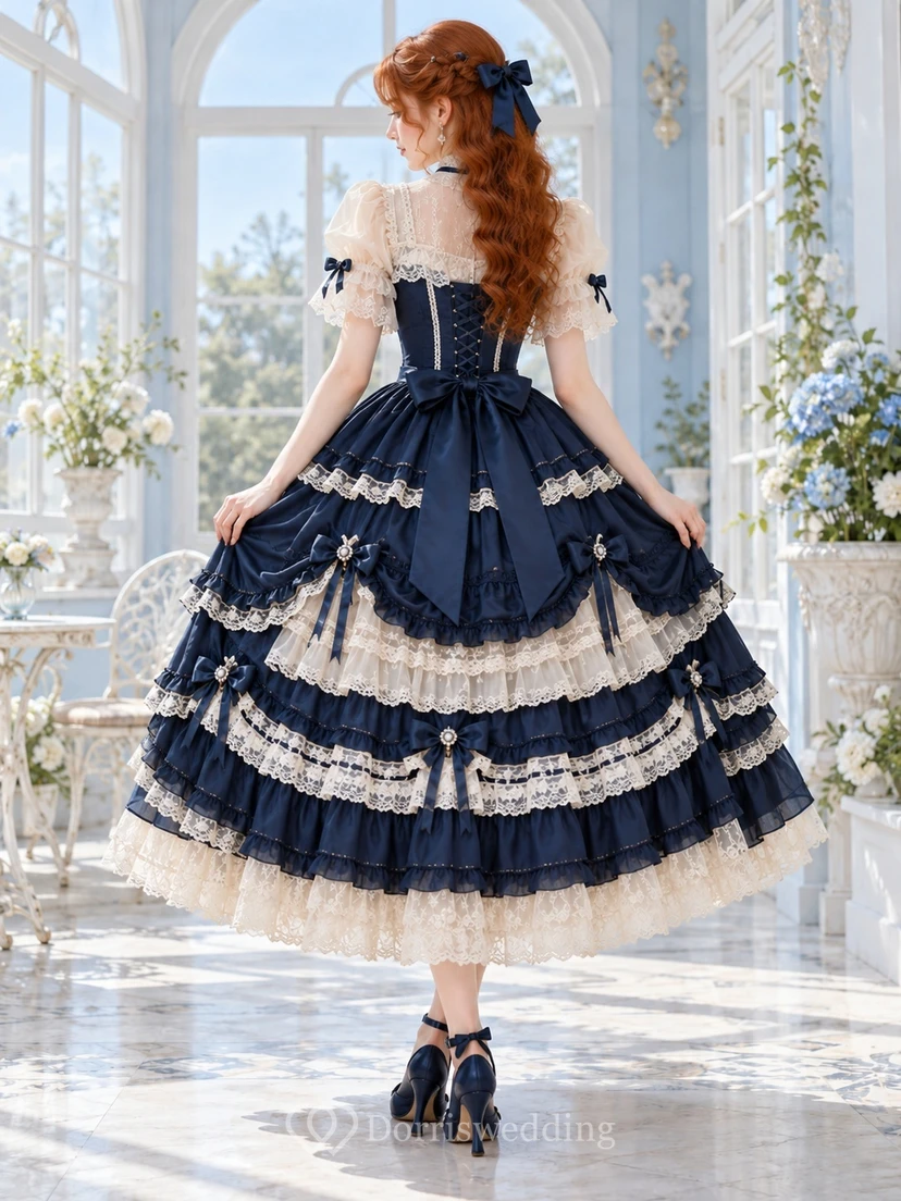 Lolita Dark Navy Cream Lace Bow Tiered Tea-Length Prom Dress view 2
