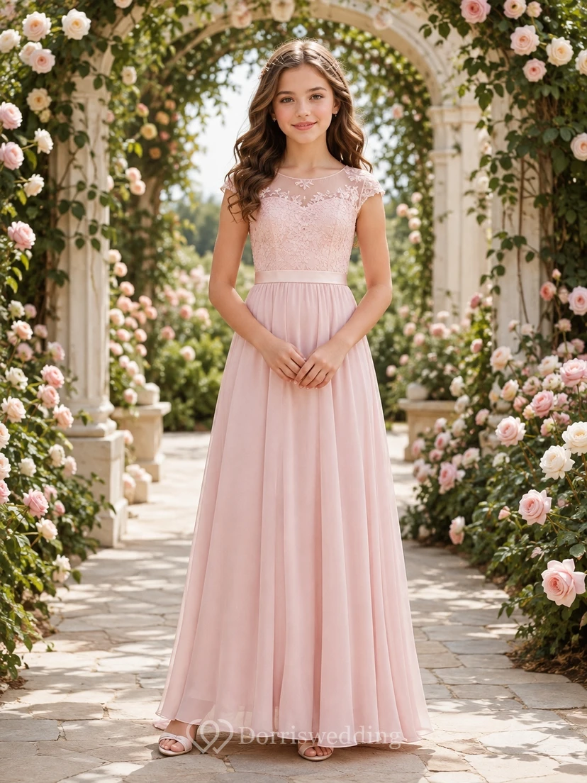 Romantisches Brautjungfernkleid in zartem Rosa mit A-Linie, kurzen Flügelärmeln und Schmuckdetails sowie Spitzendetails.