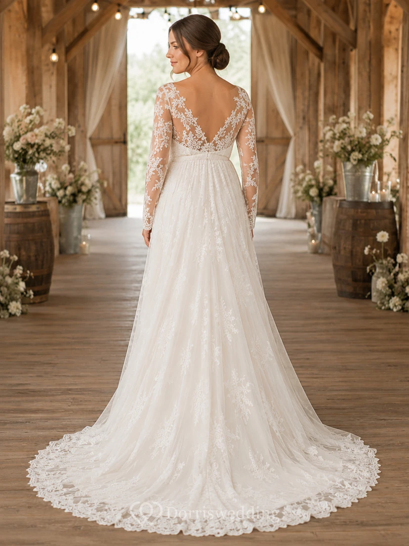 Maternity Wedding Dress Long Sleeve Illusion Lace A-Line Gown with Formal Train view 2