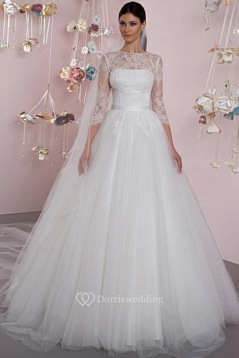 Ball Gown 3-4 Sleeve Appliqued Jewel Neck Tulle Wedding Dress